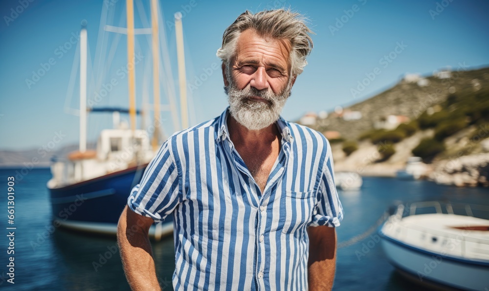 Deep lines and rugged features define the portrait of the old sailor near the boat.