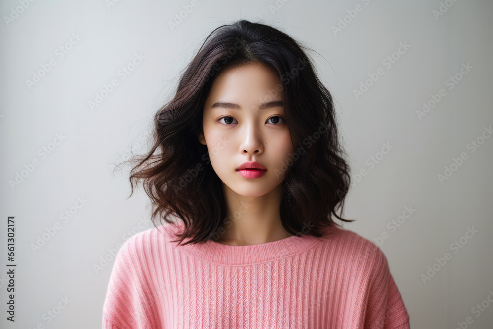 Portrait of a young Korean woman in a winter pink sweater Portrait of a young Korean woman in a winter pink sweater