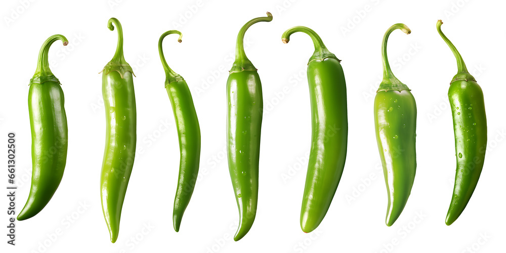 set of spicy fresh green chilli peppers isolated over a transparent background, cooking, food or diet design elements, PNG - obrazy, fototapety, plakaty 