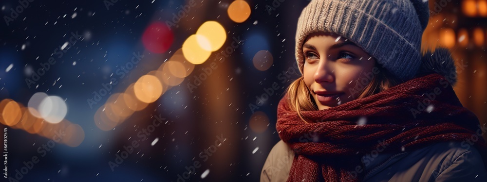 Young caucasian female in winter attire against a backdrop of a night city and falling snow. A Christmas and New Year background. Banner with copy space. Young caucasian female in winter attire against a backdrop of a night city and falling snow. A Christmas and New Year background. Banner with copy space.