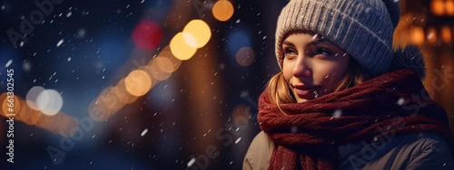 Young caucasian female in winter attire against a backdrop of a night city and falling snow. A Christmas and New Year background. Banner with copy space.