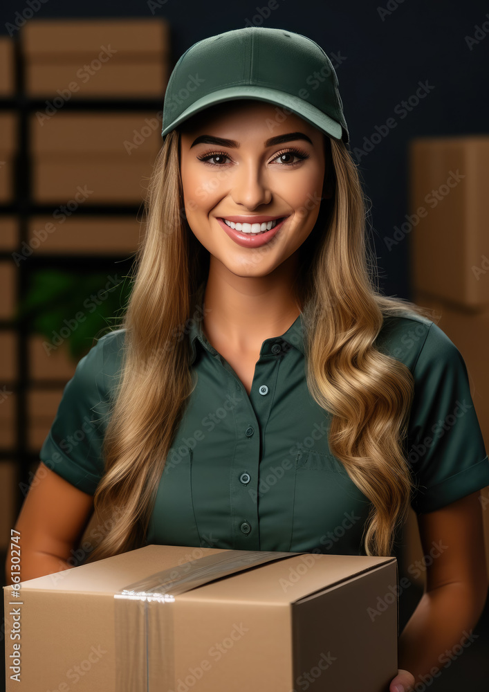 young smiling female courier holding a cardboard box, woman works in the delivery service, girl delivered a parcel, online orders, postal employee, post office, warehouse young smiling female courier holding a cardboard box, woman works in the delivery service, girl delivered a parcel, online orders, postal employee, post office, warehouse