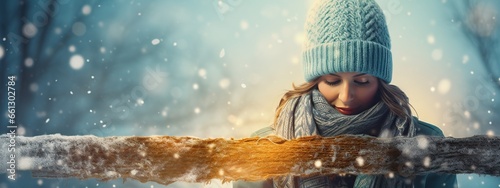 The picture shows a young blonde Caucasian woman in a blue hat against the background of a winter forest. A Christmas and New Year background. Banner with copy space.