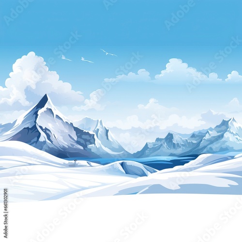 A stunning winter landscape featuring snow-covered mountains in a pristine and tranquil wilderness