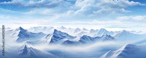 A stunning winter landscape featuring snow-covered mountains in a pristine and tranquil wilderness