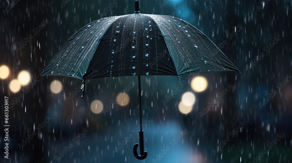 Raindrops fall on a black umbrella at night - obrazy, fototapety, plakaty 