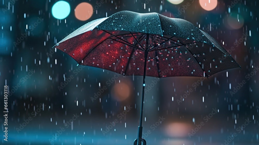 Raindrops fall on a black umbrella at night - obrazy, fototapety, plakaty 