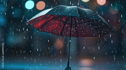 Raindrops fall on a black umbrella at night photo