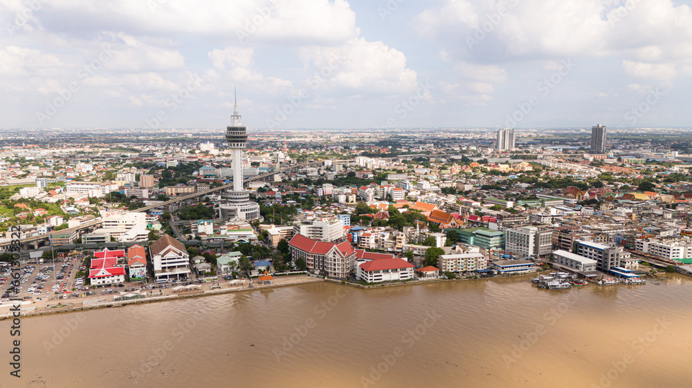 SAMUT PRAKAN, Thailand - october 12 2023 : Aerial view of Chaopraya river and building at SAMUT PRAKAN Province Thailand