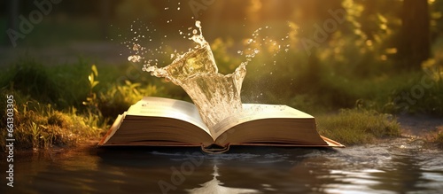 Book concept with water and land pages and little boy. Fantasy, nature or learning concept