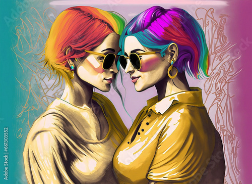 LGBT concept: two girls with rainbow hair and sunglasses hug each other