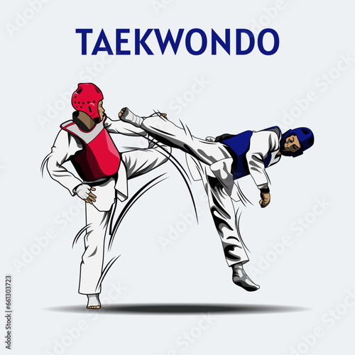 Two Boys Fighting in Taekwondo Competition Illustration Vector.