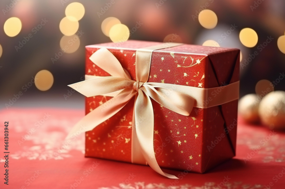 The gift box was packed and decorated with a bow on the wooden table. New Year gift. Valentine's Day gift. or birthday gift. The gift box was packed and decorated with a bow on the wooden table. New Year gift. Valentine's Day gift. or birthday gift.