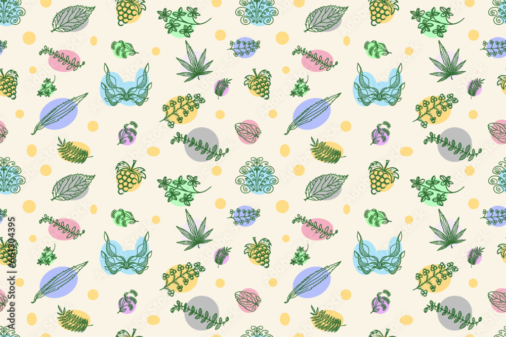 Vector seamless pattern. Autumn or spring motifs. Colored spots, green different leaves, berries and flowers. Hand drawn plants.