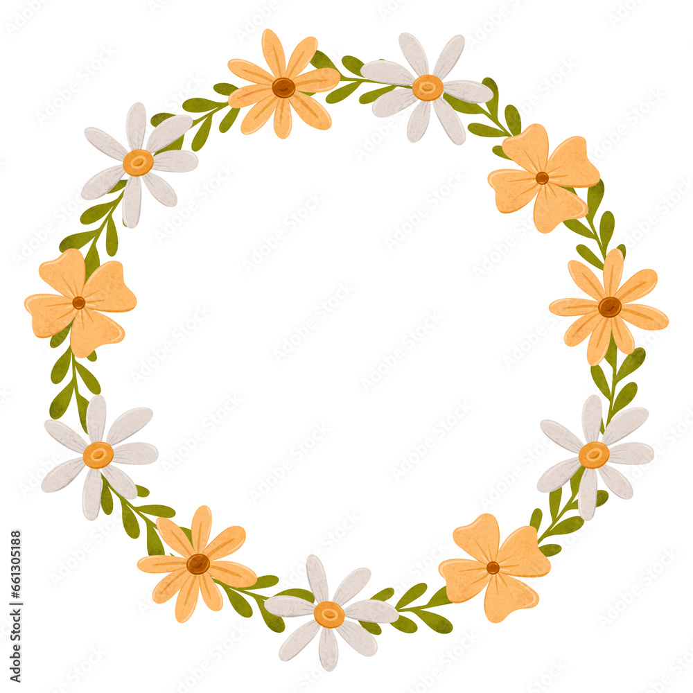 Pretty wreath with simple daisy flowers. Chamomile circle frame in scandinavian style. Stylized tiny flowers, digital illustration for cards, invitations, decorations, logo.