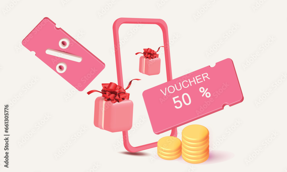 3D discount coupon illustration, vector pink ticket, percent sign. concept. Sale bonus shopping online and coins promotion banner gift box 3D discount coupon illustration, vector pink ticket, percent sign. concept. Sale bonus shopping online and coins promotion banner gift box