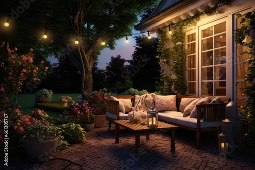 Summer evening on the patio of beautiful suburban house with lights in the garden