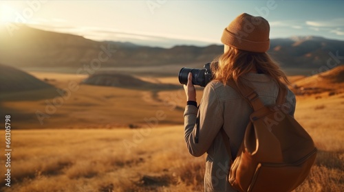 Young female photographer in photo from behind with dslr camera in the mountains photo