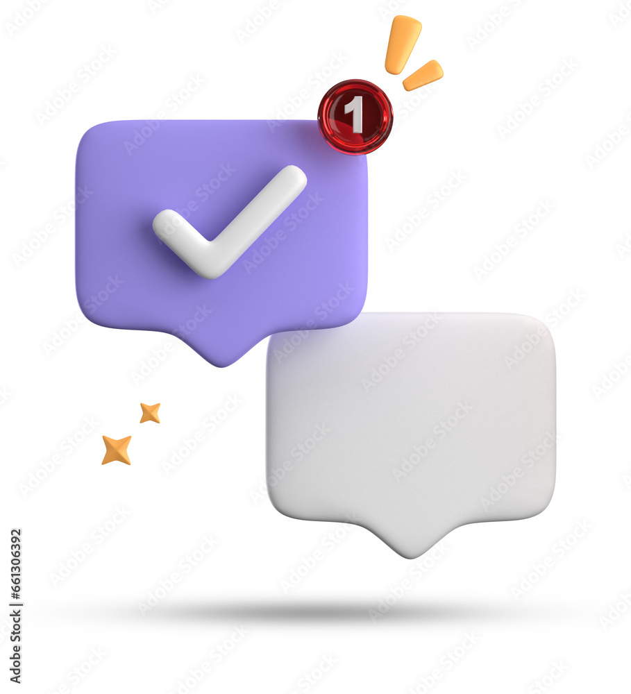 3d rendering of speech bubble with notification icons, 3D pastel chat with checked icon. Set of 3d speak bubble.