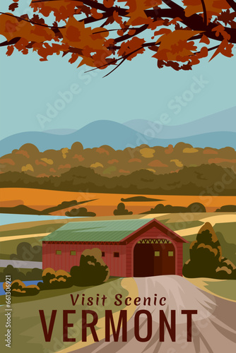 Vermont USA Travel Poster, autumn rural landscape