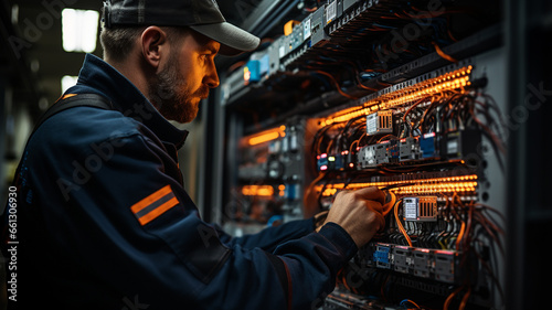 A male electrician works in a switchboard with an electrical connecting cable. Working professions concept photo