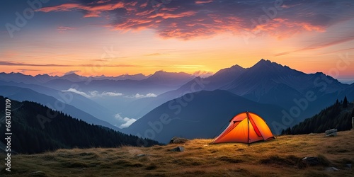 Tent amidst majestic mountains at sunset. Sunrise camping. Embracing nature beauty in mountain. Outdoor adventures. Summer under starry sky