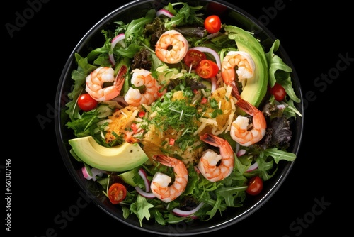 Fresh Salad made of shrimp, prawn, avocado, cucumber, tomato, onion, kimchi, lettuce on glass bowl photo
