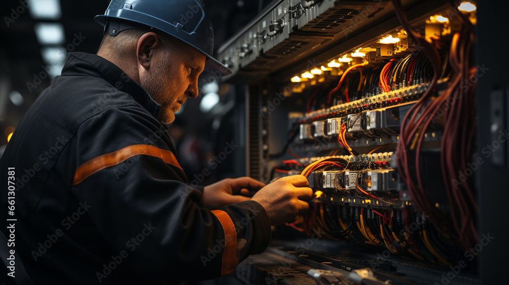 A male electrician works in a switchboard with an electrical connecting cable. Working professions concept