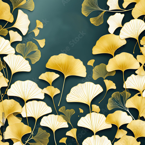 Ginkgo and botanical line art, a pattern of yellow leaves on a black background, gold leaves. ai generative