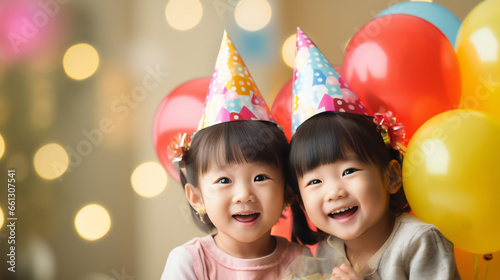 Happy Birthday little girl. Smiling Little Twins Asian Girls wearing party hats in birthday party, xmas party, new year party. Celebration party. Twins portrait.