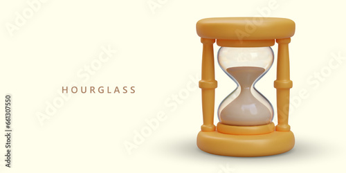 3d realistic hourglass on yellow background with place for text. Concept of law. Vintage watch with sand inside to measure time. Vector illustration in yellow colors