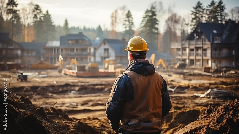Rear view of the master foreman in uniform and helmet watches, controls the construction of the house. Rear view of the master foreman in uniform and helmet watches, controls the construction of the house.