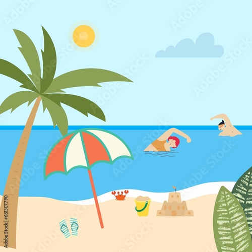 summer beach concept  multi-color vector with umbella  sun  people  leaf  tree  slipper in sea background illustration