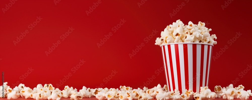 Popcorn on red background with empty space for text