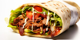 a delicious doner kebab wrap featuring flavourful, spicy meat, crisp lettuce, and juicy tomatoes on white background