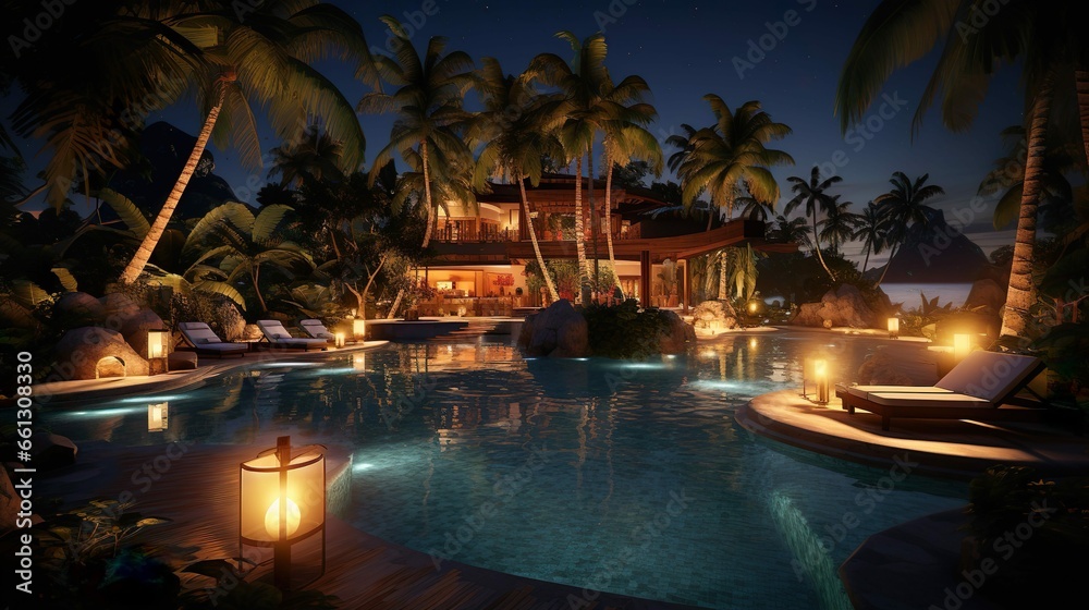 luxurious tropical resort pool in the night