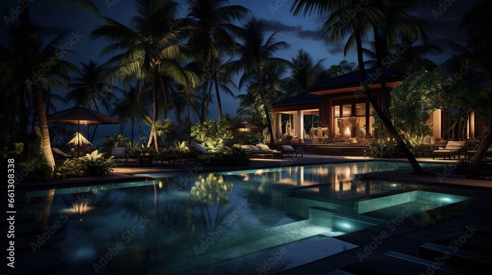 luxurious tropical resort pool in the night