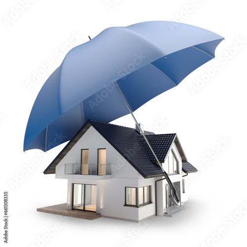 House insurance concept. 3D home with umbrella. 3D illustration