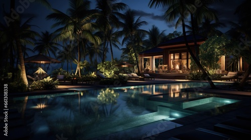 luxurious tropical resort pool in the night © arthyeon