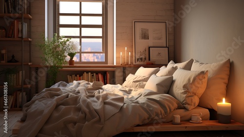 colored quilts pillows and gray blankets on the bed the background is simple and warm