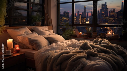 colored quilts pillows and gray blankets on the bed the background is simple and warm