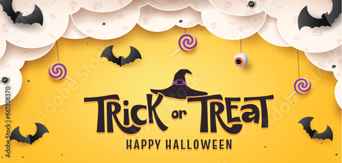 Halloween trick or treat text vector design. Happy halloween greeting card with bat , lollipop and clouds paper cut decoration elements for kids horror party invitation card background. Vector 