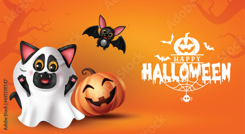 Halloween ghost vector design background. Happy halloween greeting with rick or treat character elements like cat ghost, pumpkin and cute bat in orange background. Vector illustration greeting card 