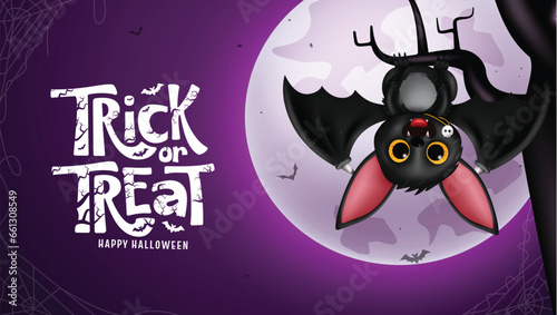 Halloween bat character vector design. Trick or treat greeting text with cute bat hanging in tree branch elements for halloween horror night background. Vector illustration seasonal holiday invitation