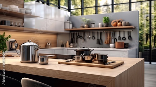 a image of 3d rendering of a modern kitchen interior design with wooden counter top Generative AI