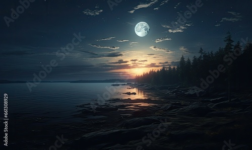 Photo of a serene full moon setting over a calm body of water