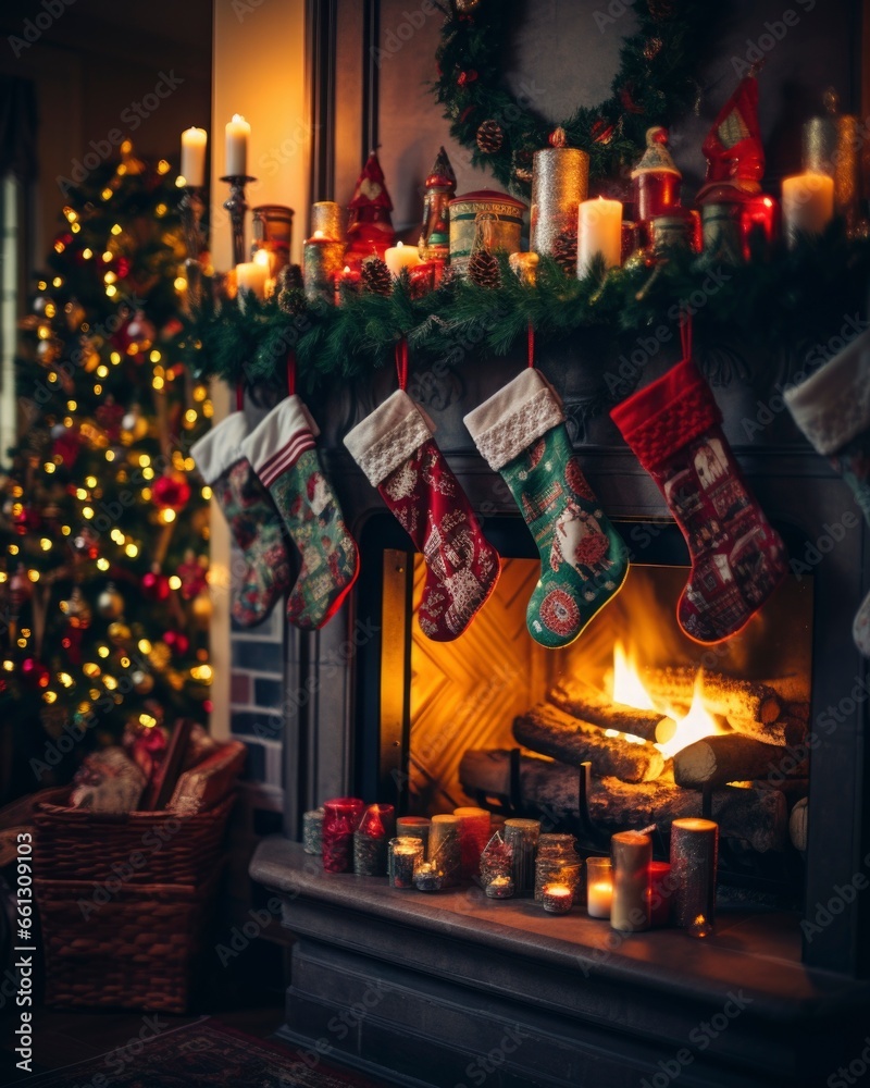 Holiday stockings hanging over a cozy fireplace in a cozy living room decorated with holiday decorations. Holiday stockings hanging over a cozy fireplace in a cozy living room decorated with holiday decorations.
