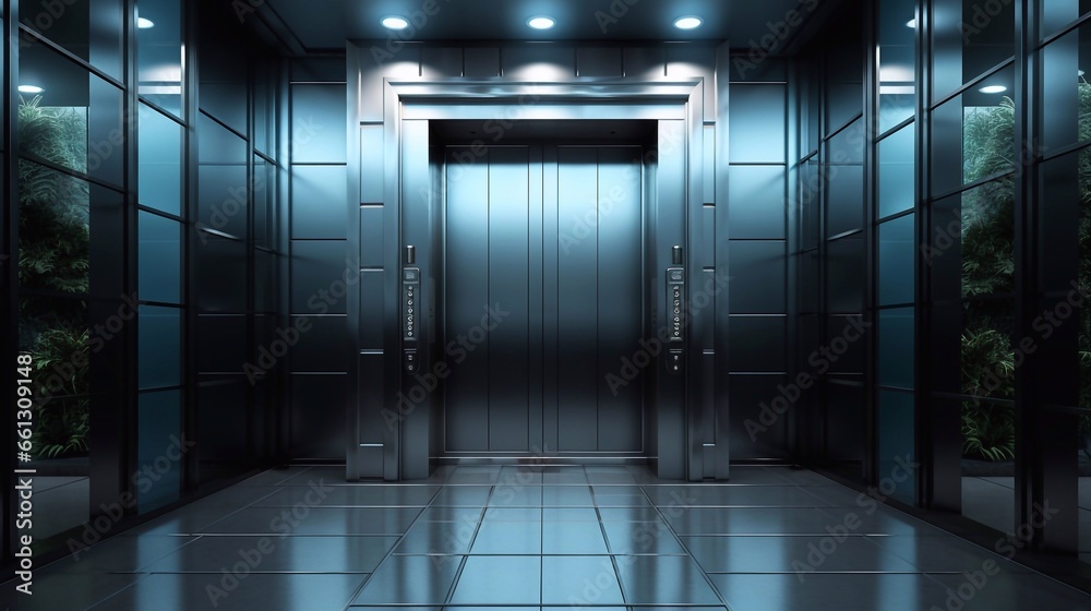 a image of Digital composite of Elevator in modern office building with plants in front of elevator door Generative AI - obrazy, fototapety, plakaty 