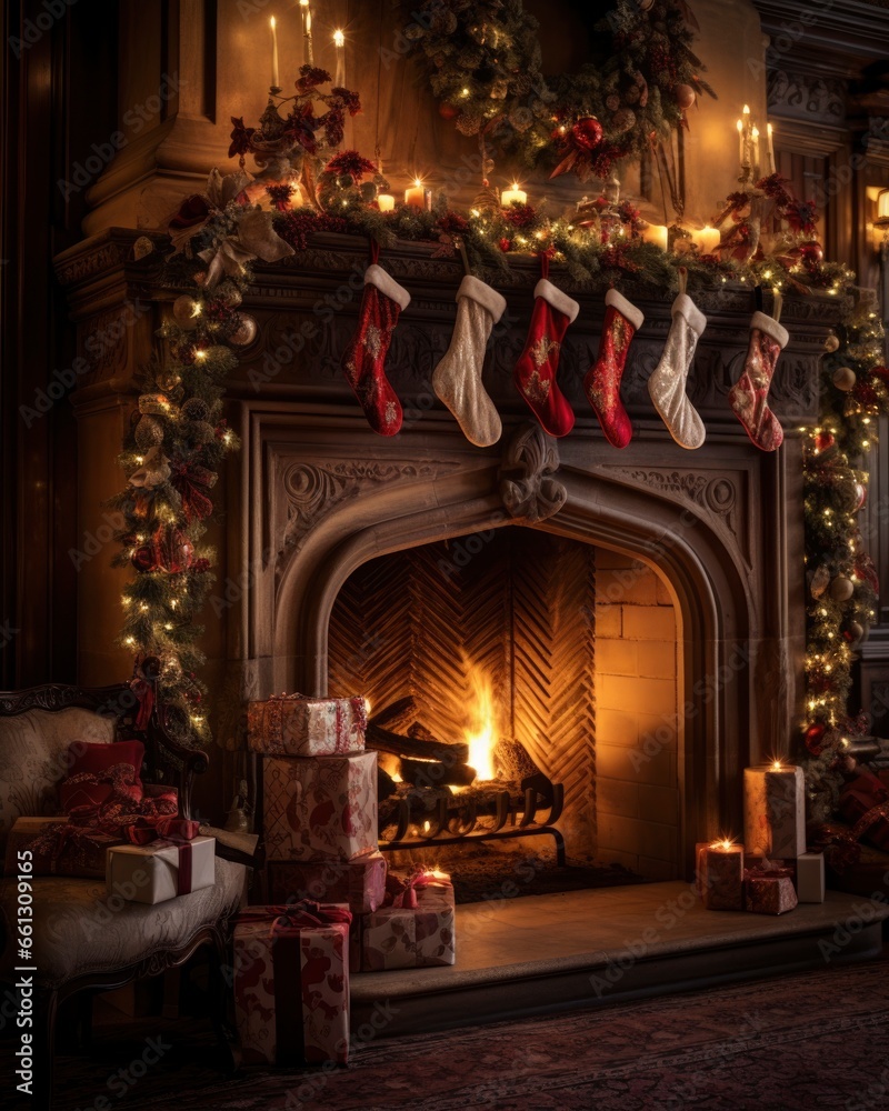 Holiday stockings hanging over a cozy fireplace in a cozy living room decorated with holiday decorations.