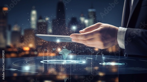 a image of Close up of businessman holding tablet pc and global connection concept. Mixed media technology Generative AI